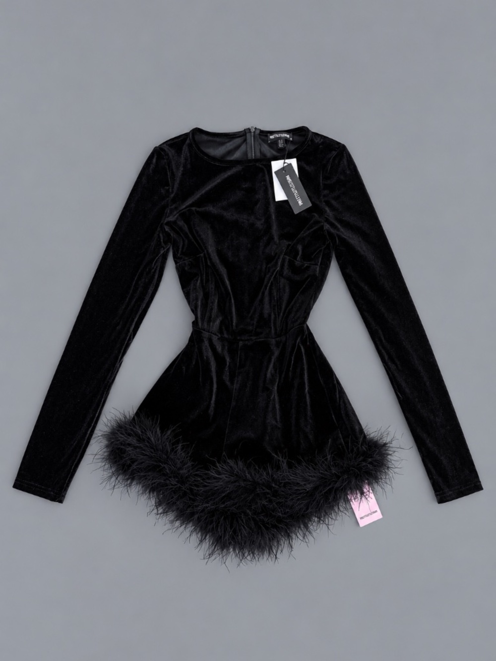 PrettyLittleThing Black Velvet Feather Trim Romper – Size US 2 – NWT